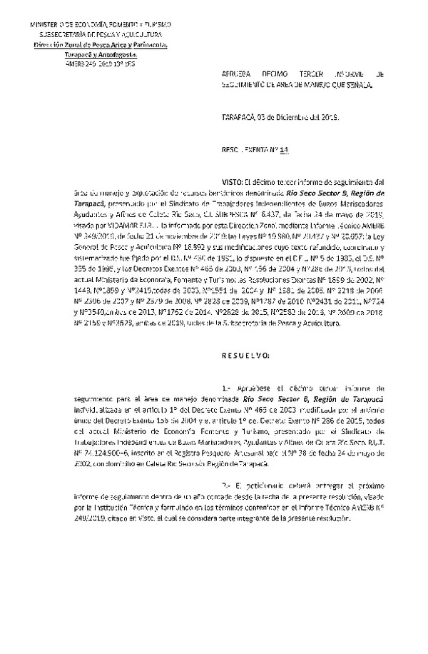 Res. Ex. N° 14-2019 (DZP Arica y Parinacota, Tarapacá y Antofagasta) Aprueba 13° seguimiento.