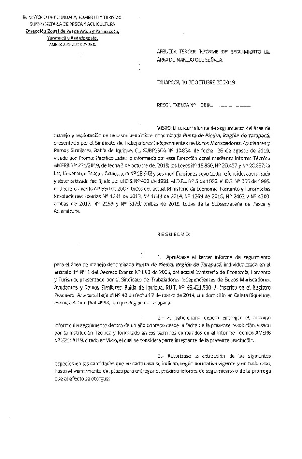 Res. Ex. N° 009-2019 (DZP Arica y Parinacota, Tarapacá y Antofagasta) Aprueba 3° seguimiento.