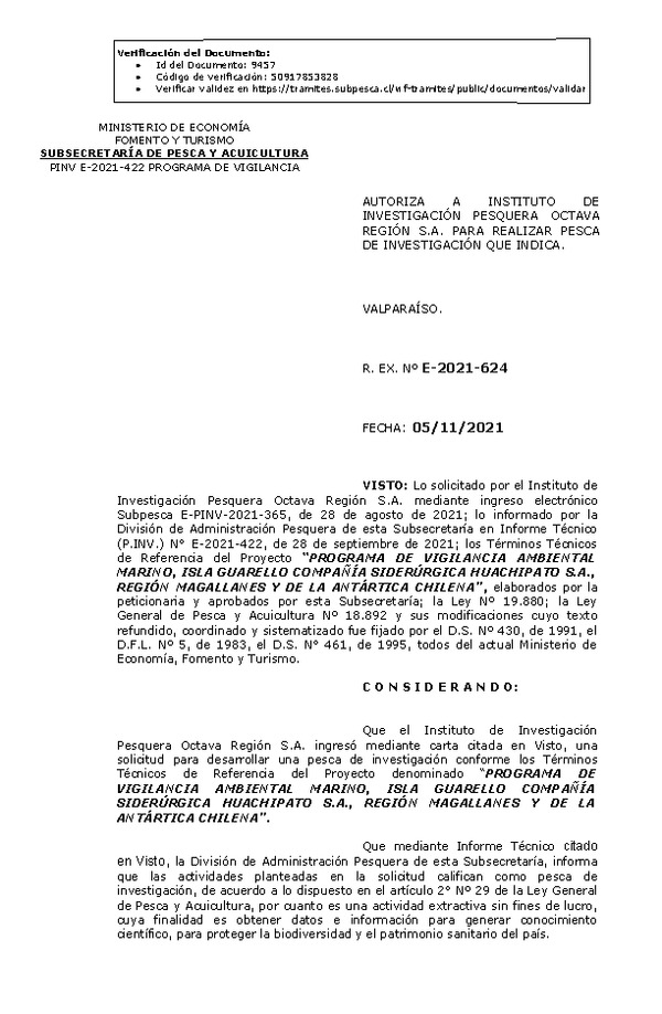 R. EX. Nº E-2021-624 PROGRAMA DE VIGILANCIA AMBIENTAL MARINO, ISLA GUARELLO COMPAÑÍA SIDERÚRGICA HUACHIPATO S.A., REGIÓN MAGALLANES Y DE LA ANTÁRTICA CHILENA. (Publicado en Página Web 05-11-2021)