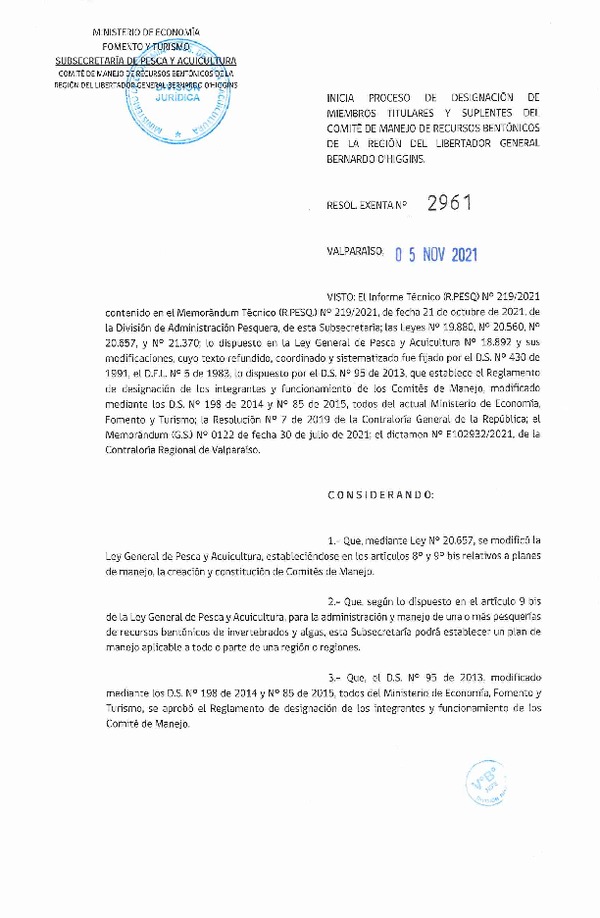 Res. Ex. N° 2961-2021 Inicia Proceso de Renovación de Miembros Titulares y Suplentes del Comité de Manejo de Recursos Bentónicos de la Región del Libertador General Bernardo O'Higgins. (Publicado en Página Web 08-11-2021)