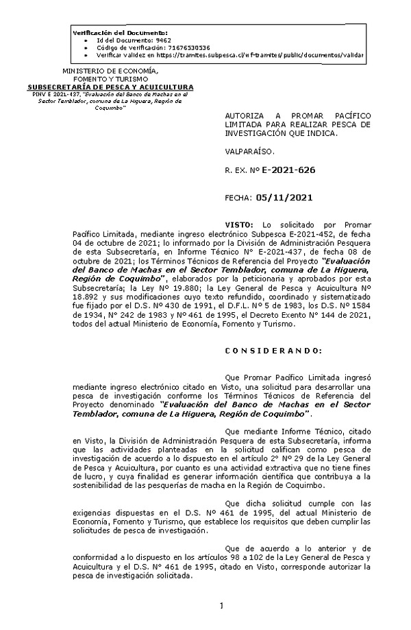 R. EX. Nº E-2021-626 Evaluación del Banco de Machas en el Sector Temblador, comuna de La Higuera, Región de Coquimbo. (Publicado en Página Web 08-11-2021)