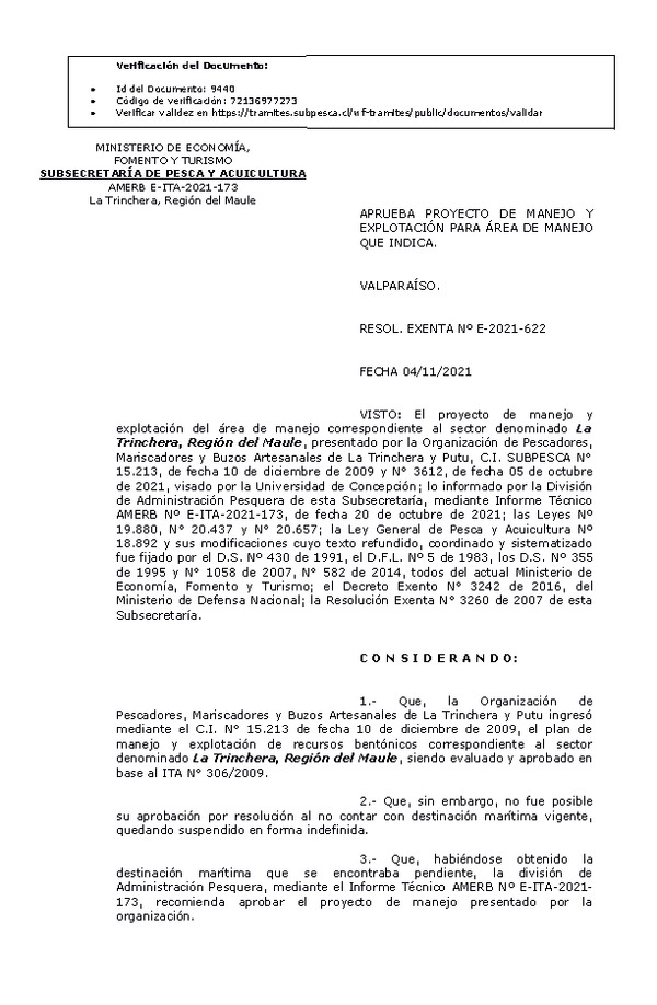 RESOL. EXENTA Nº E-2021-622 Aprueba plan de manejo. (Publicado en Página Web 08-11-2021)