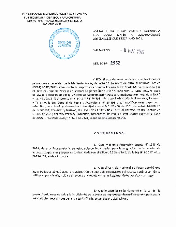 Res. Ex. N° 2962-2021 Asigna Cuota de imprevistos Autorizada a Isla Santa María a Embarcaciones Artesanales que Indica, año 2021. (Publicado en Página Web 08-11-2021)