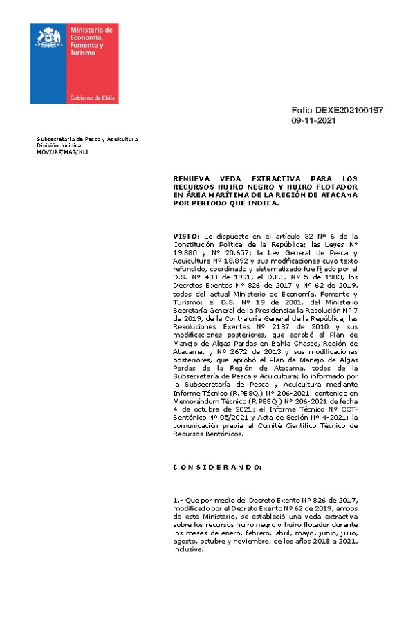 Dec. Ex. Folio 202100197 Renueva Veda Extractiva Para el Recursos Huiro Negro y Huiro Flotador en la Región de Atacama en Periodo que Indica. (Publicado en Página Web 09-11-2021)