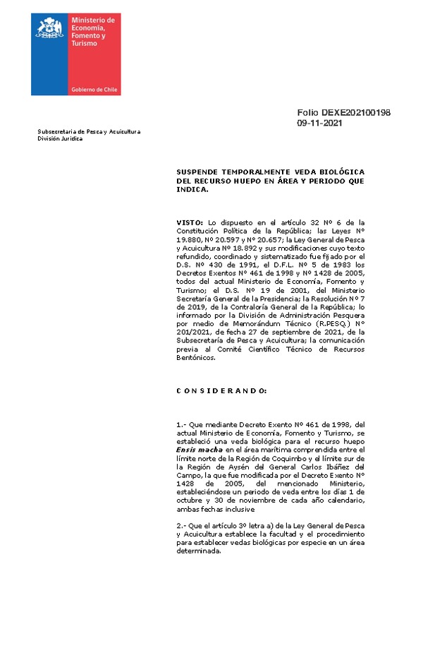 Dec. Ex. Folio 202100198 Suspende Temporalmente Veda Biológica del Recurso Huepo en la Región de Los Lagos, en Período que Indica. (Publicado en Página Web 09-11-2021)