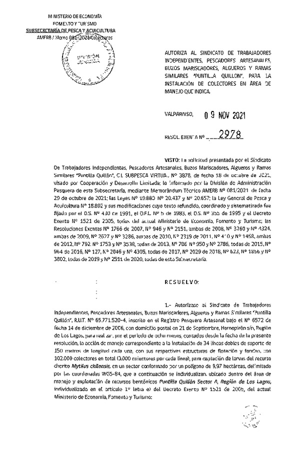 Res. Ex. N° 2978-2021 Autoriza instalación de colectores. (Publicado en Página Web 09-11-2021)