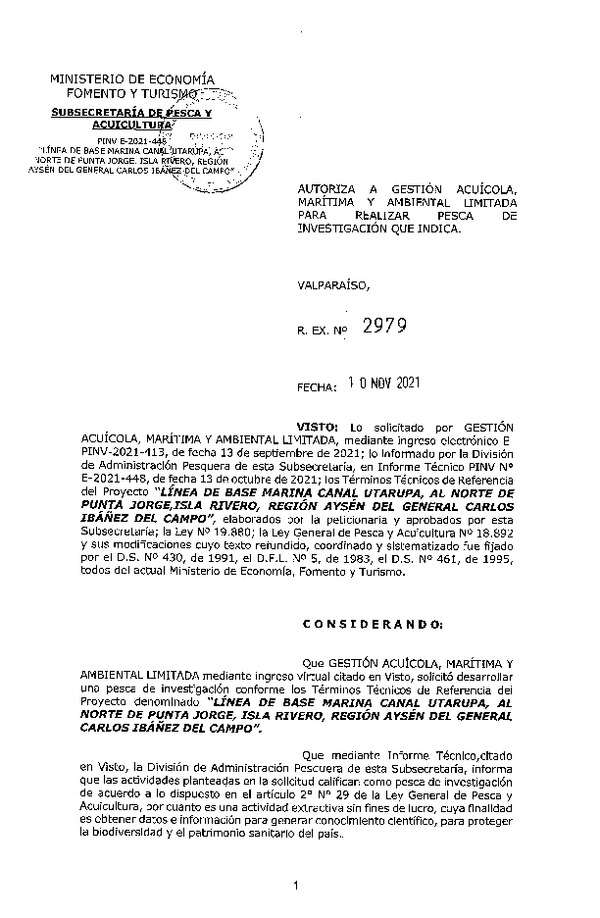 Res. Ex. N° 2979-2021 LÍNEA DE BASE MARINA CANAL UTARUPA, AL NORTE DE PUNTA JORGE, ISLA RIVERO, REGIÓN AYSÉN DEL GENERAL CARLOS IBÁÑEZ DEL CAMPO. (Publicado en Página Web 10-11-2021)