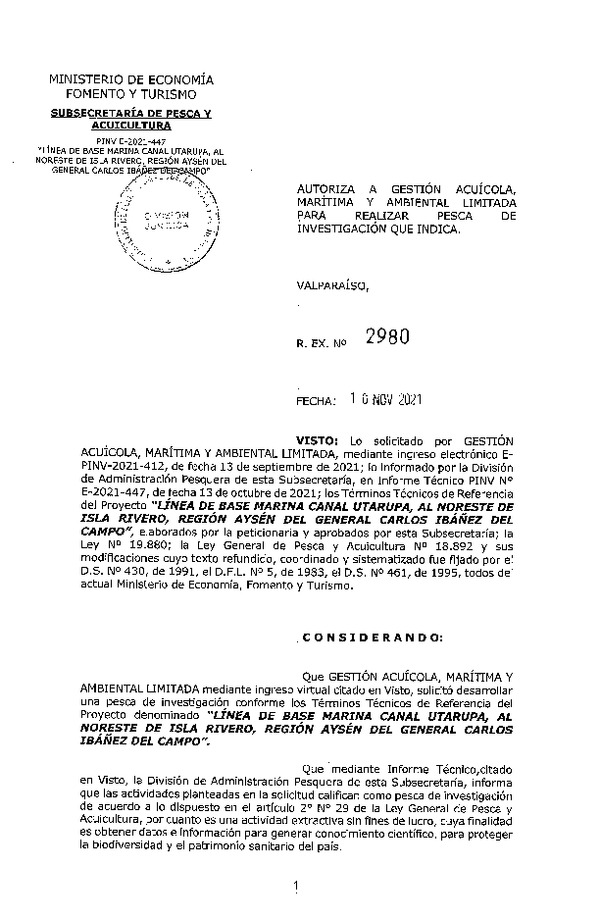 Res. Ex. N° 2980-2021 LÍNEA DE BASE MARINA CANAL UTARUPA, AL NORESTE DE ISLA RIVERO, REGIÓN AYSÉN DEL GENERAL CARLOS IBÁÑEZ DEL CAMPO. (Publicado en Página Web 10-11-2021)