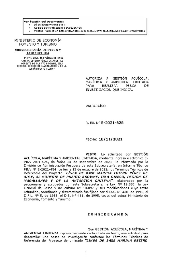 R. EX. Nº E-2021-628 LÍNEA DE BASE MARINA ESTERO PÉREZ DE ARCE, AL NORESTE DE PUERTO BROWNE, ISLA RIESCO, REGIÓN DE MAGALLANES Y DE LA ANTÁRTICA CHILENA. (Publicado en Página Web 10-11-2021)