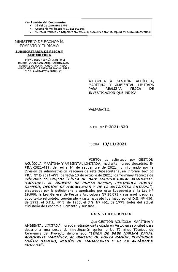 R. EX. Nº E-2021-629 LÍNEA DE BASE MARINA CANAL ALMIRANTE MARTÍNEZ, AL SURESTE DE PUNTA RAMÓN, PENÍNSULA MUÑOZ GAMERO, REGIÓN DE MAGALLANES Y DE LA ANTÁRTICA CHILENA. (Publicado en Página Web 10-11-2021)