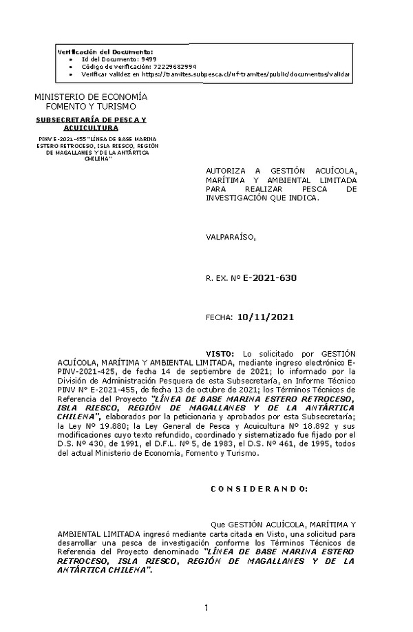 R. EX. Nº E-2021-630 LÍNEA DE BASE MARINA ESTERO RETROCESO, ISLA RIESCO, REGIÓN DE MAGALLANES Y DE LA ANTÁRTICA CHILENA. (Publicado en Página Web 10-11-2021)