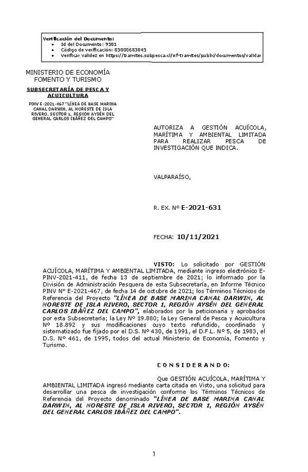 R. EX. Nº E-2021-631 LÍNEA DE BASE MARINA CANAL DARWIN, AL NORESTE DE ISLA RIVERO, SECTOR 1, REGIÓN AYSÉN DEL GENERAL CARLOS IBÁÑEZ DEL CAMPO. (Publicado en Página Web 10-11-2021)