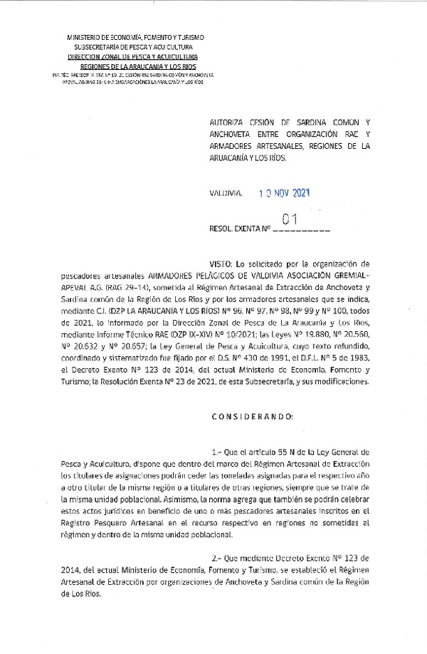 Res Ex N° 01-2021 (DZP La Araucanía y Los Ríos), Autoriza cesión Anchoveta y Sardina Común Regiones de La Araucanía  y Los Ríos. (Publicado en Página Web 10-11-2021)
