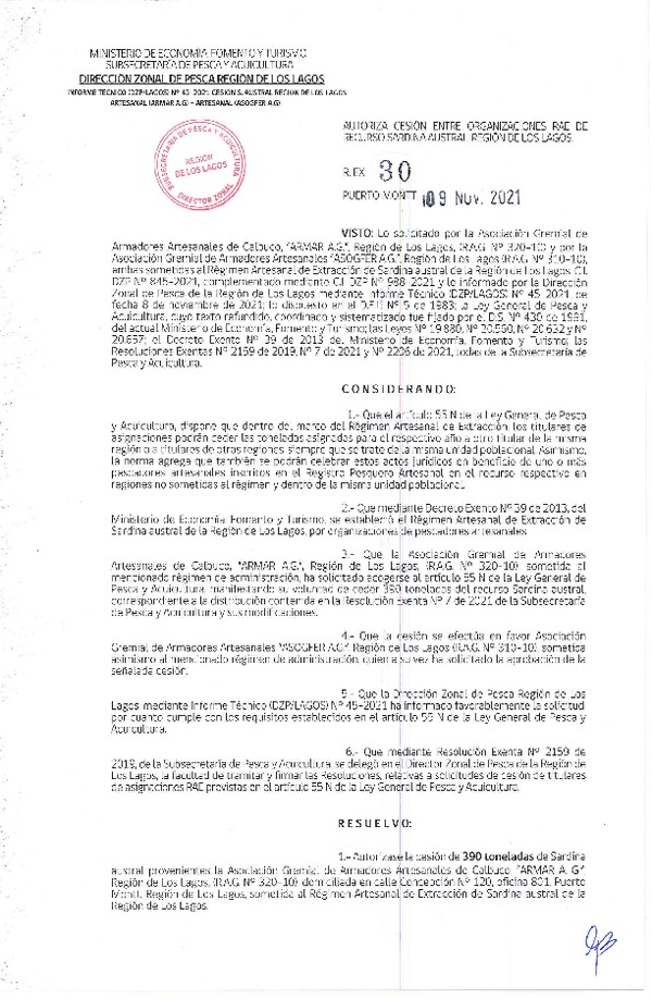Res. Ex. 30-2021 (DZP Región de Los Lagos) Autoriza cesión sardina austral Región de Los Lagos. (Publicado en Página Web 10-11-2021)