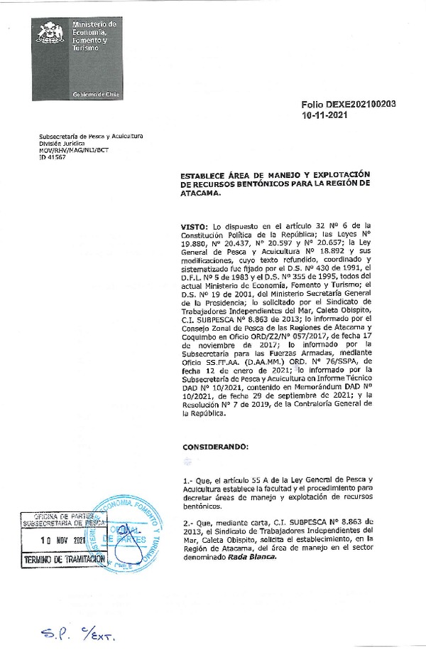 Dec. Ex. Folio N° DEXE202100203 Establece Área de Manejo Rada Blanca, Región de Atacama. (Publicado en Página Web 10-11-2021)