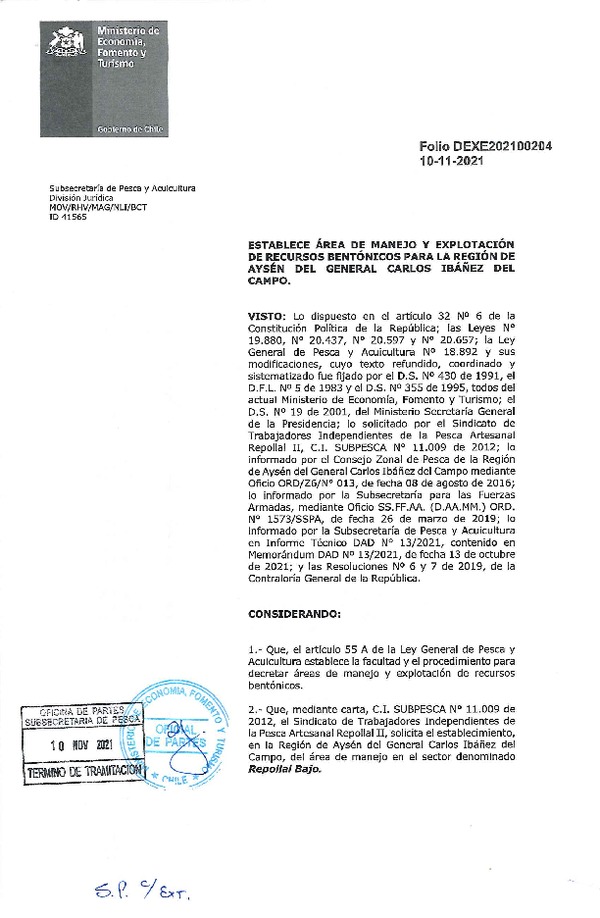 Dec. Ex. Folio N° DEXE202100204 Establece Área de Manejo Repollal Bajo, Región de Aysén del General Carlos Ibañez del Campo. (Publicado en Página Web 10-11-2021)