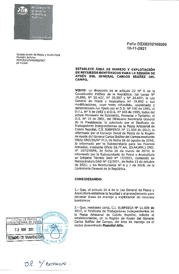 Dec. Ex. Folio N° DEXE202100205 Establece Área de Manejo Repollal Alto, Región de Aysén del General Carlos Ibañez del Campo. (Publicado en Página Web 10-11-2021)