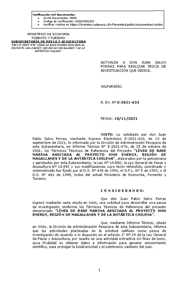 R. EX. Nº E-2021-633 LÍNEA DE BASE MARINA ASOCIADA AL PROYECTO HNH ENERGY, REGIÓN DE MAGALLANES Y DE LA ANTÁRTICA CHILENA. (Publicado en Página Web 11-11-2021)