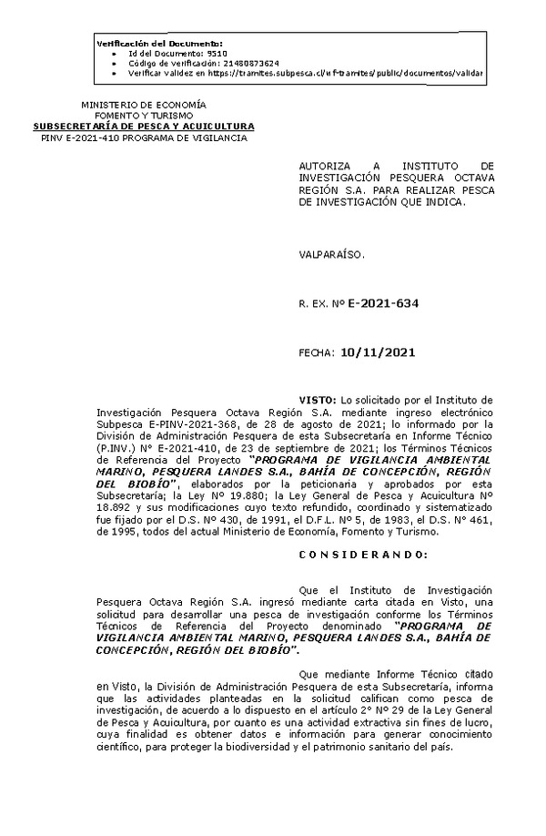 R. EX. Nº E-2021-634 PROGRAMA DE VIGILANCIA AMBIENTAL MARINO, PESQUERA LANDES S.A., BAHÍA DE CONCEPCIÓN, REGIÓN DEL BIOBÍO. (Publicado en Página Web 11-11-2021)