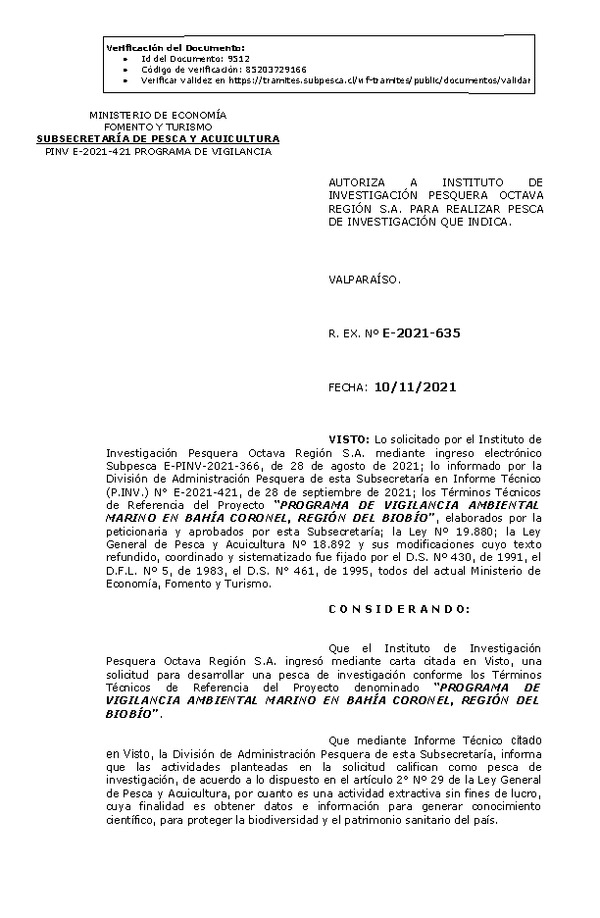 R. EX. Nº E-2021-635 PROGRAMA DE VIGILANCIA AMBIENTAL MARINO EN BAHÍA CORONEL, REGIÓN DEL BIOBÍO. (Publicado en Página Web 11-11-2021)