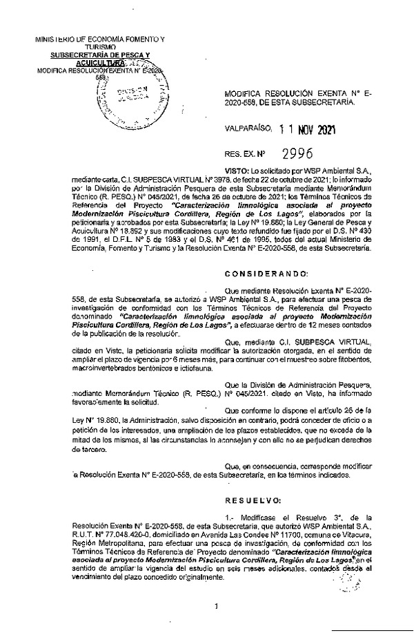 Res. Ex. N° 2996-2021 Modifica R. EX. Nº E-2020-558 Caracterización limnológica asociada al Proyecto Modernización Piscicultura Cordillera, Región de Los Lagos. (Publicado en Página Web 11-11-2021)