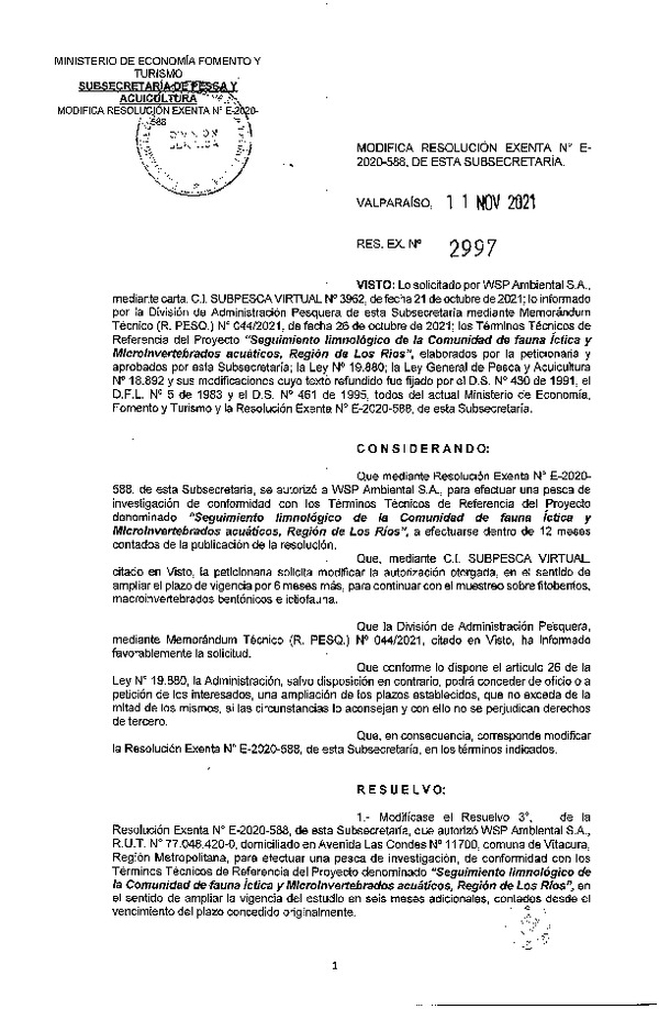 Res. Ex. N° 2997-2021 Modifica R. EX. Nº E-2020-558 Caracterización limnológica asociada al Proyecto Modernización Piscicultura Cordillera, Región de Los Lagos. (Publicado en Página Web 11-11-2021)