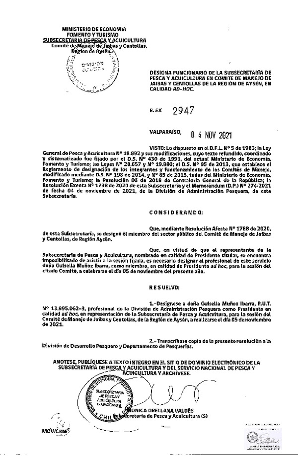Res. Ex. N° 2947-2021 Designa Funcionario de la Subsecretaría de Pesca y Acuicultura en Comité de Manejo de Jaibas y Centollas de la Región de Aysén en Calidad Ad-Hoc. (Publicado en Página Web 12-11-2021)