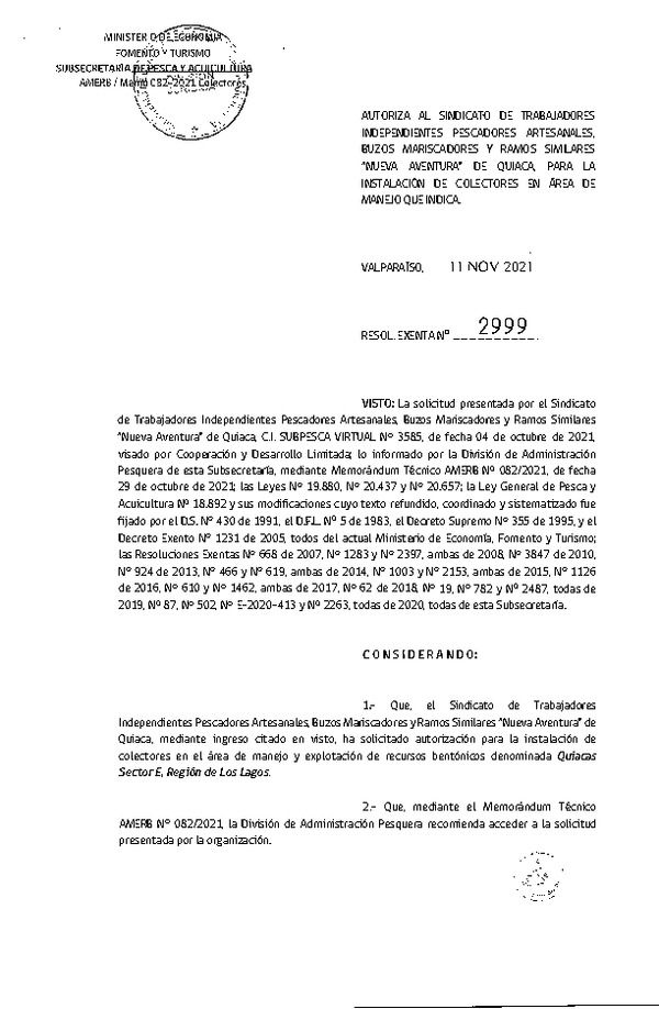 Res. Ex. N° 2999-2021 Autoriza instalación de colectores. (Publicado en Página Web 12-11-2021)