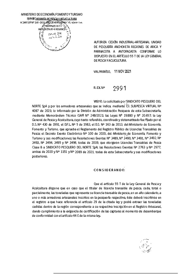 Res. Ex. N° 2991-2021 Autoriza Cesión Anchoveta, Regiones de Arica y Parinacota a Región de Antofagasta. (Publicado en Página Web 12-11-2021)