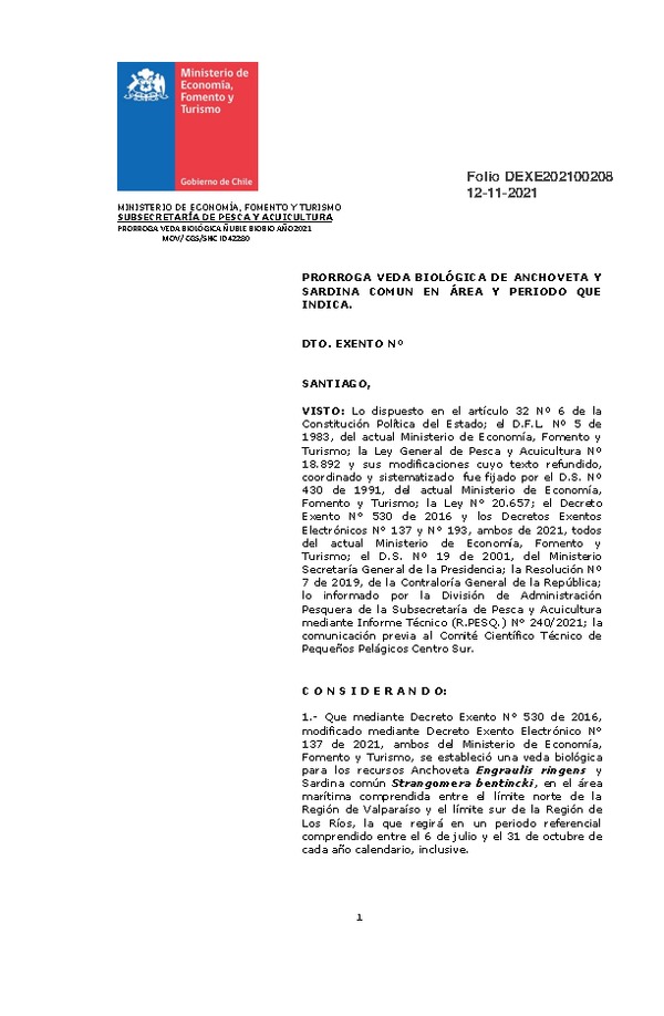 Dec. Ex. Folio N°202100208 Prorroga Veda Biológica de Anchoveta y Sardina Común, Regiones de Ñuble y del Biobío. (Publicado en Página Web 12-11-2021)
