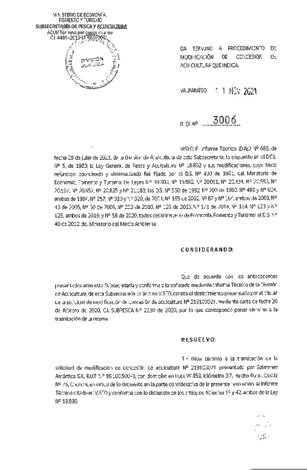 Res. Ex. N° 3006-2021 Da término a procedimientos de modificación de concesiones de acuicultura que indica.