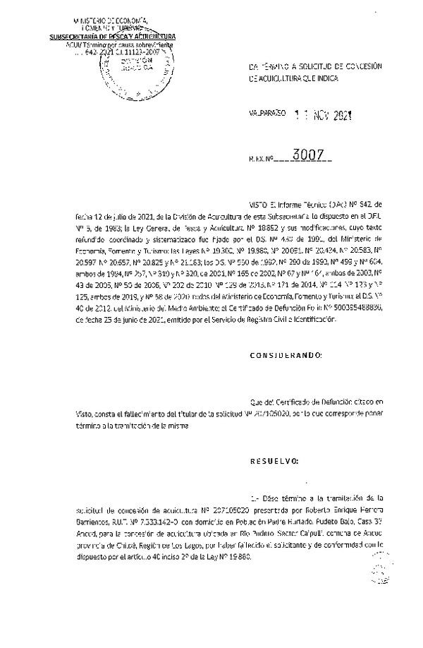 Res. Ex. N° 3007-2021 Rechaza solicitud de concesión de acuicultura que indica.