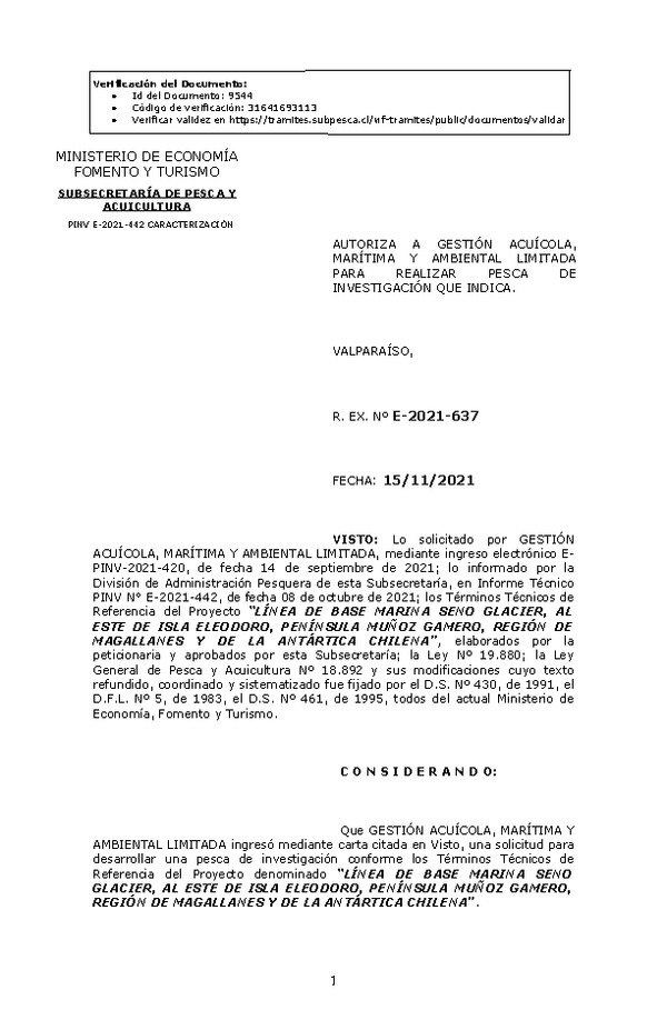 R. EX. Nº E-2021-637 LÍNEA DE BASE MARINA SENO GLACIER, AL ESTE DE ISLA ELEODORO, PENÍNSULA MUÑOZ GAMERO, REGIÓN DE MAGALLANES Y DE LA ANTÁRTICA CHILENA. (Publicado en Página Web 17-11-2021)