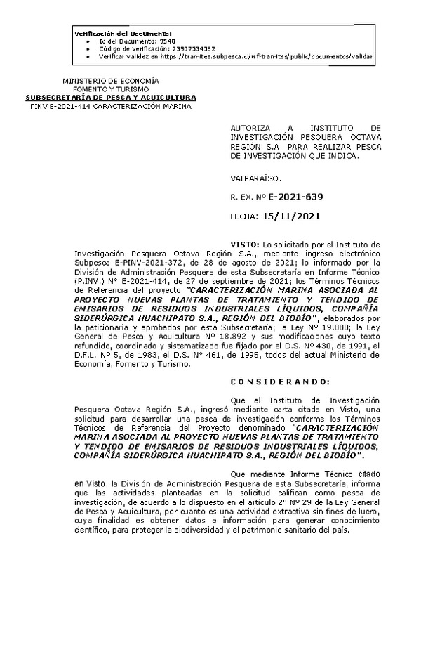 R. EX. Nº E-2021-639 CARACTERIZACIÓN MARINA ASOCIADA AL PROYECTO NUEVAS PLANTAS DE TRATAMIENTO Y TENDIDO DE EMISARIOS DE RESIDUOS INDUSTRIALES LÍQUIDOS, COMPAÑÍA SIDERÚRGICA HUACHIPATO S.A., REGIÓN DEL BIOBÍO. (Publicado en Página Web 17-11-2021)