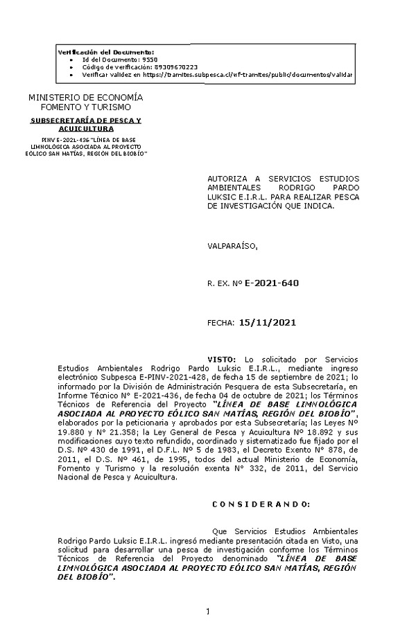 R. EX. Nº E-2021-640 LÍNEA DE BASE LIMNOLÓGICA ASOCIADA AL PROYECTO EÓLICO SAN MATÍAS, REGIÓN DEL BIOBÍO. (Publicado en Página Web 17-11-2021)