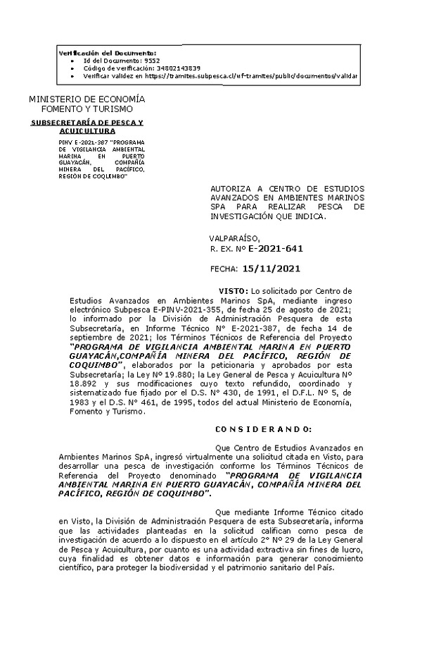 R. EX. Nº E-2021-641 PROGRAMA DE VIGILANCIA AMBIENTAL MARINA EN PUERTO GUAYACÁN,COMPAÑÍA MINERA DEL PACÍFICO, REGIÓN DE COQUIMBO. (Publicado en Página Web 17-11-2021)