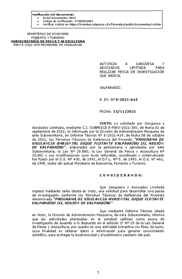 R. EX. Nº E-2021-645 PROGRAMA DE VIGILANCIA AMBIENTAL DIQUE FLOTANTE VALPARAÍSO III, REGIÓN DE VALPARAÍSO. (Publicado en Página Web 17-11-2021)
