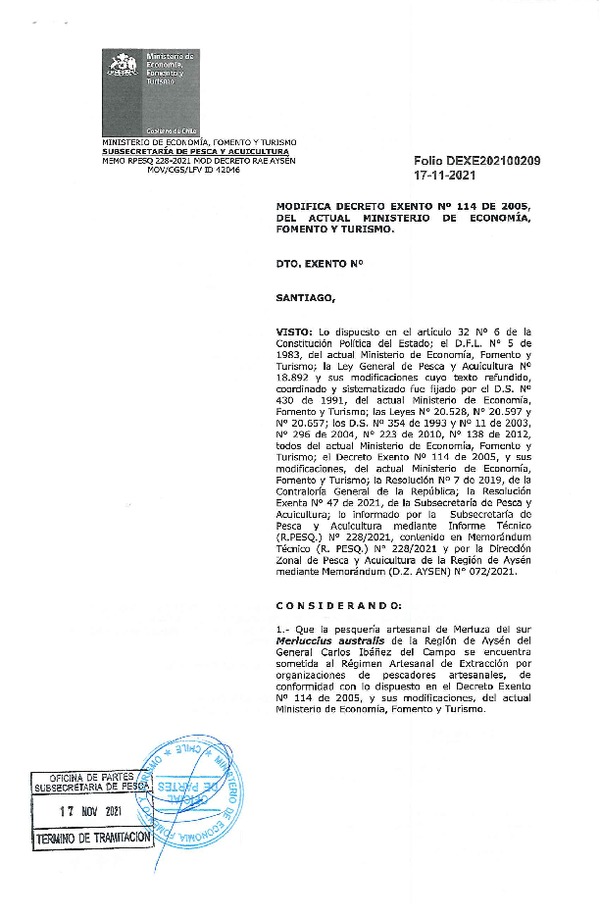 Dec. Ex. Folio 202100209 Modifica Dec. Ex. N°114-2005 Que Estableció Régimen Artesanal de Extracción para la Pesquería Artesanal de Merluza del sur, Región de Aysén. (Publicado en Página Web 17-11-2021)