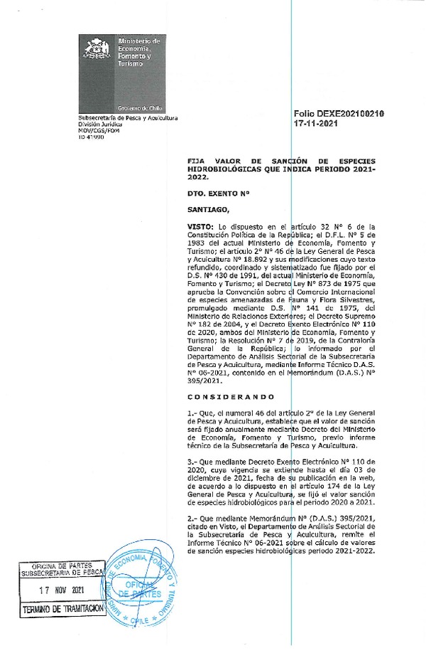 Dec. Ex. Folio 202100210 Fija Valor de Sanción de Especies hidrobiológicas que indica, Período 2021-2022. (Publicado en Página Web 17-11-2021) (F.D.O. 22-11-2021)