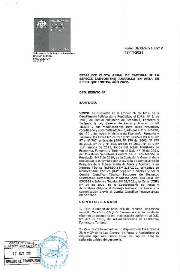 Dec. Ex. Folio 202100212 Establece Cuota Anual de Captura de la Especie Langostino Amarillo, en Área de Pesca que Indica, Año 2022. (Publicado en Página Web 17-11-2021)