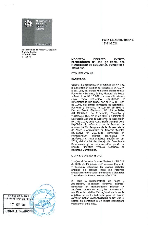 Dec. Ex. Folio 202100214 Modifica Dec. Ex. Folio 202000119 Que Estableció Cuotas Anuales de Captura Para el Recurso Camarón Nailon, Año 2021. (Publicado en Página Web 17-11-2021)