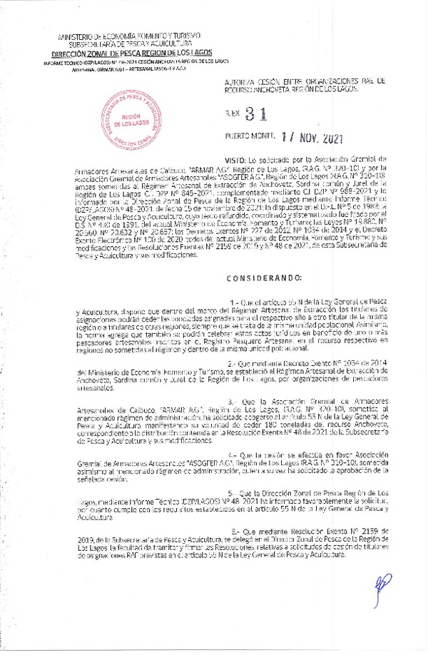 Res. Ex. 31-2021 (DZP Región de Los Lagos) Autoriza cesión Anchoveta, Región de Los Lagos. (Publicado en Página Web 17-11-2021)
