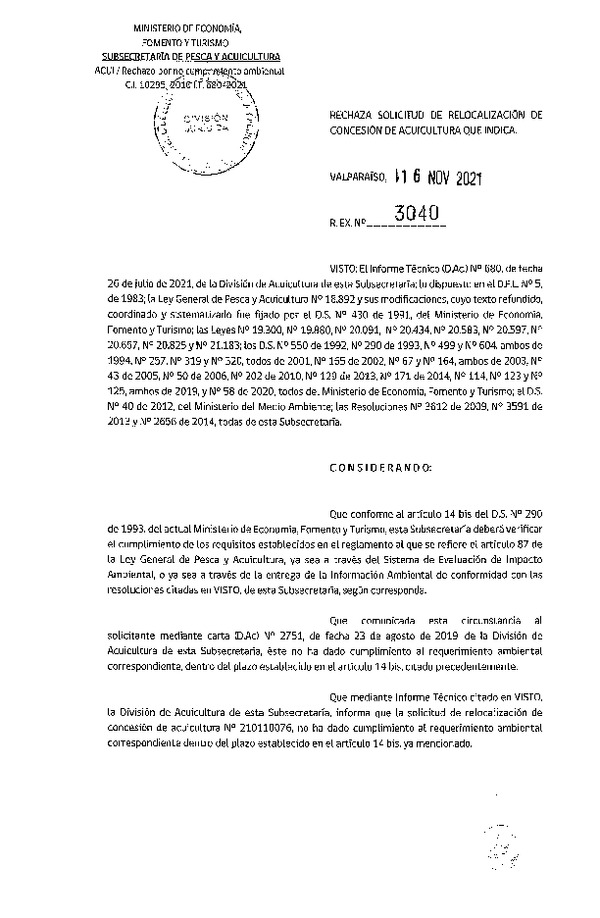 Res. Ex. N° 3040-2021 Rechaza solicitud de relocalización de concesión de acuicultura que indica.