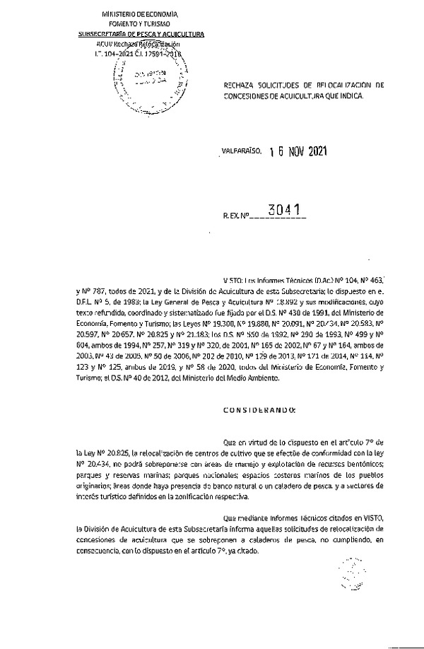 Res. Ex. N° 3041-2021 Rechaza solicitud de relocalización de concesiones de acuicultura que indica.