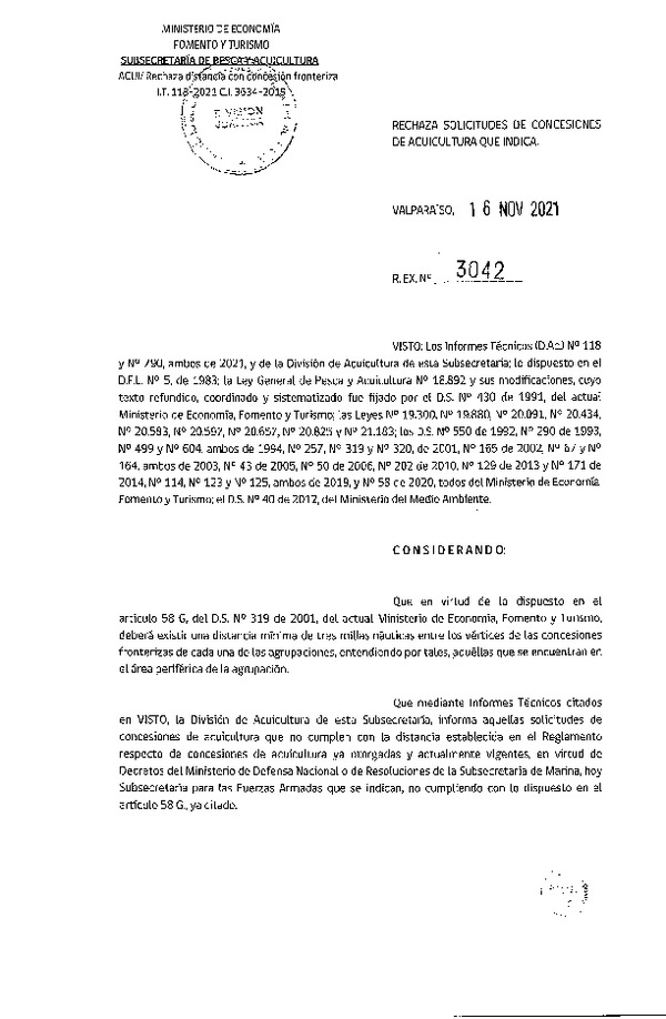 Res. Ex. N° 3042-2021 Rechaza solicitudes de concesiones de acuicultura que indica.