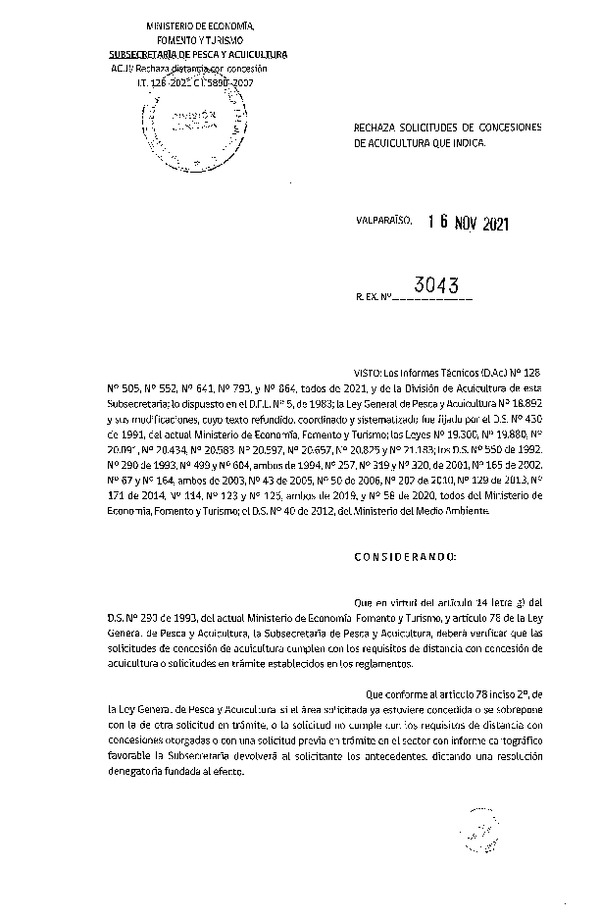 Res. Ex. N° 3043-2021 Rechaza solicitudes de concesiones de acuicultura que indica.