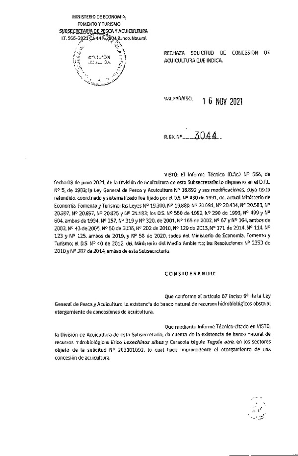 Res. Ex. N° 3044-2021 Rechaza solicitud de concesión de acuicultura que indica.