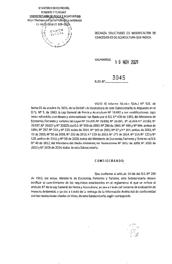 Res. Ex. N° 3045-2021 Rechaza solicitudes de modificación de concesiones de acuicultura que indica.