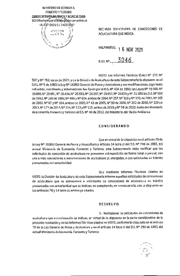 Res. Ex. N° 3046-2021 Rechaza solicitudes de concesiones de acuicultura que indica.