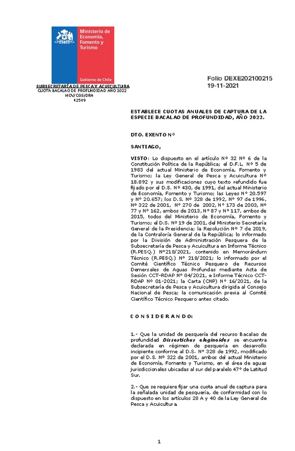 Dec. Ex. Folio 202100215 Establece Cuotas Anuales de Captura de la Especie Bacalao de Profundidad, Año 2022. (Publicado en Página Web 19-11-2021) (F.D.O. 25-11-2021)